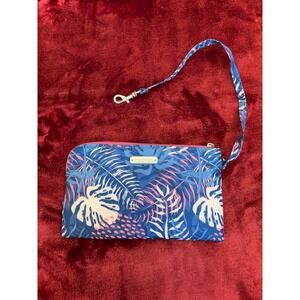 Baggallini Blue Pink Tropical Palm Print RFID Wristlet Pouch Zip Clutch Bag
